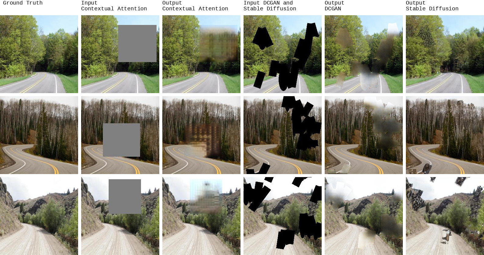 Visual comparison of generative inpainting methods: DCGAN, Contextual Attention, and Stable Diffusion